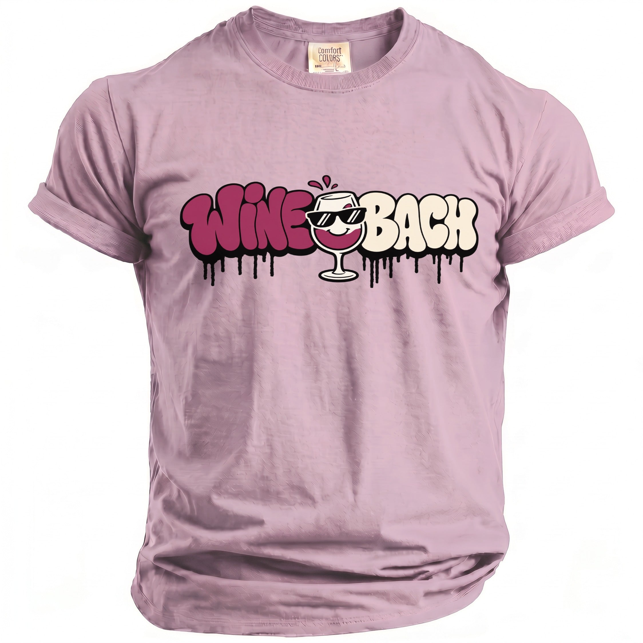Lilac t-shirt with "Wine Bach" text and a wine glass wearing sunglasses.