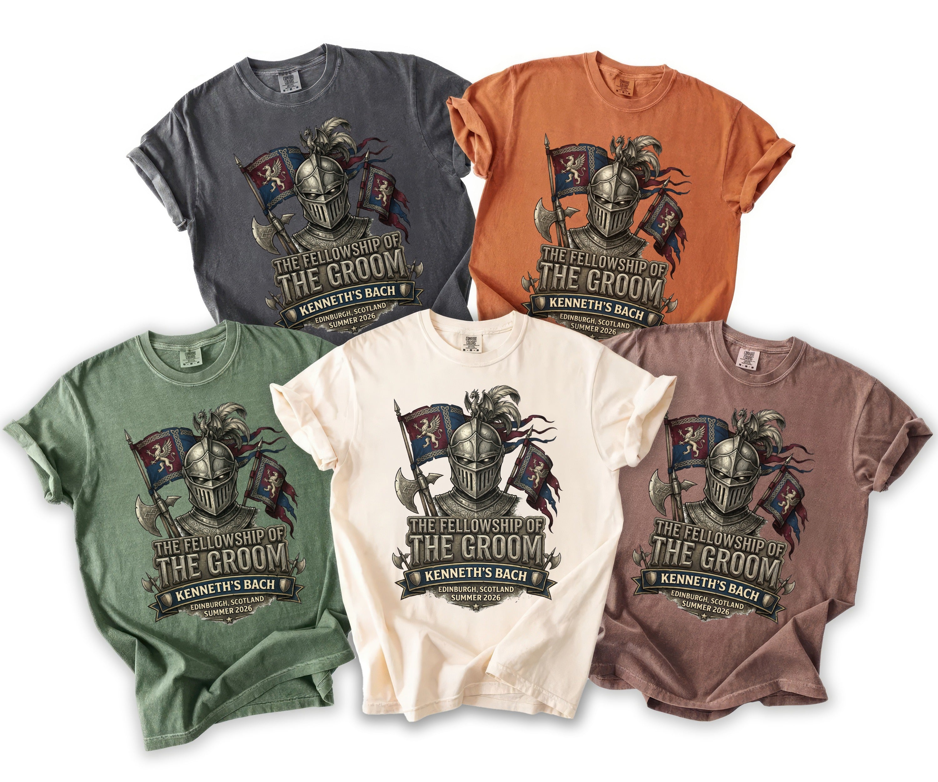 Various colored t-shirts featuring a knight artwork and text for Kenneth's Bach.
