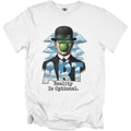 White t-shirt with an image of a man in a suit and bowler hat, green apple obscuring his face, and text reading "ART Reality Is Optional."