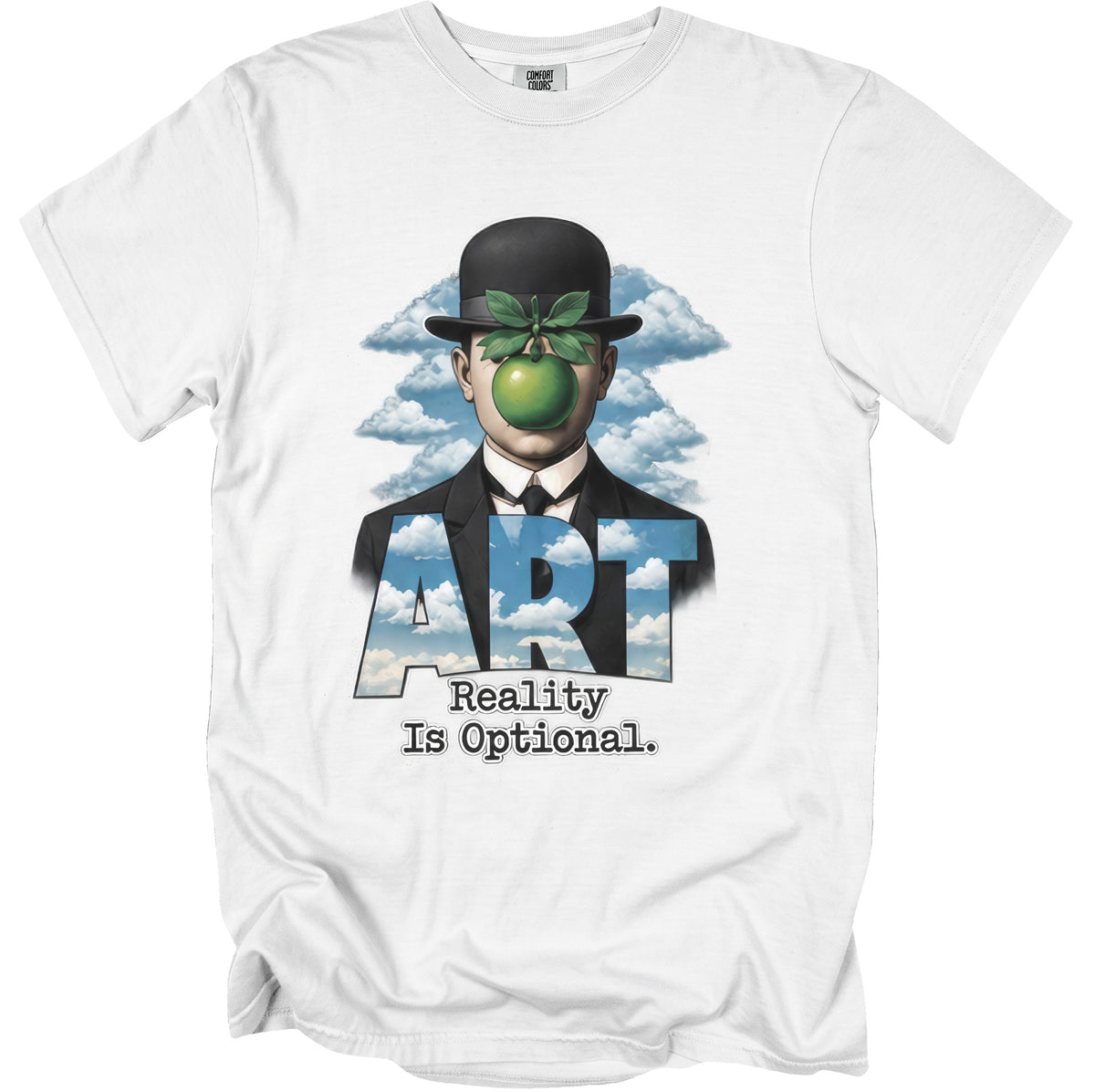 White t-shirt with an image of a man in a suit and bowler hat, green apple obscuring his face, and text reading "ART Reality Is Optional."