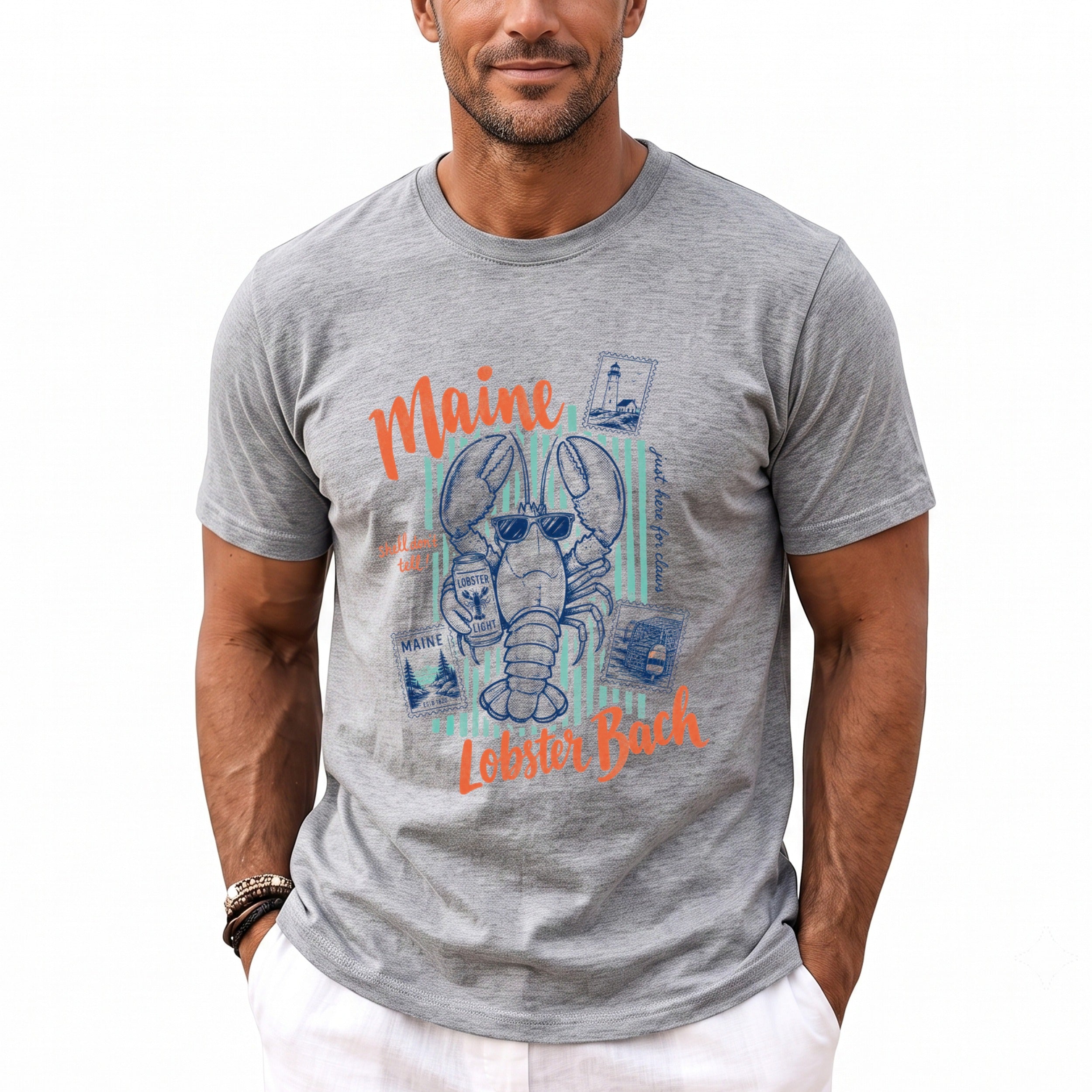 Grey t-shirt with a graphic of a lobster, lighthouse stamp, and the text "Maine Lobster Bach".