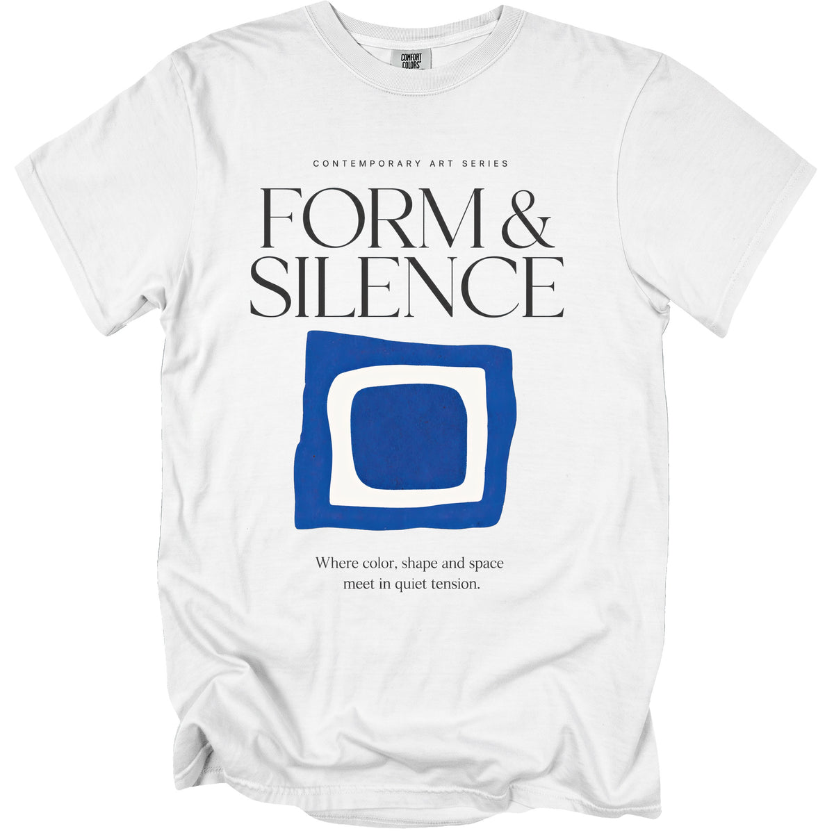 White t-shirt with "FORM & SILENCE" text and abstract blue and white graphic.