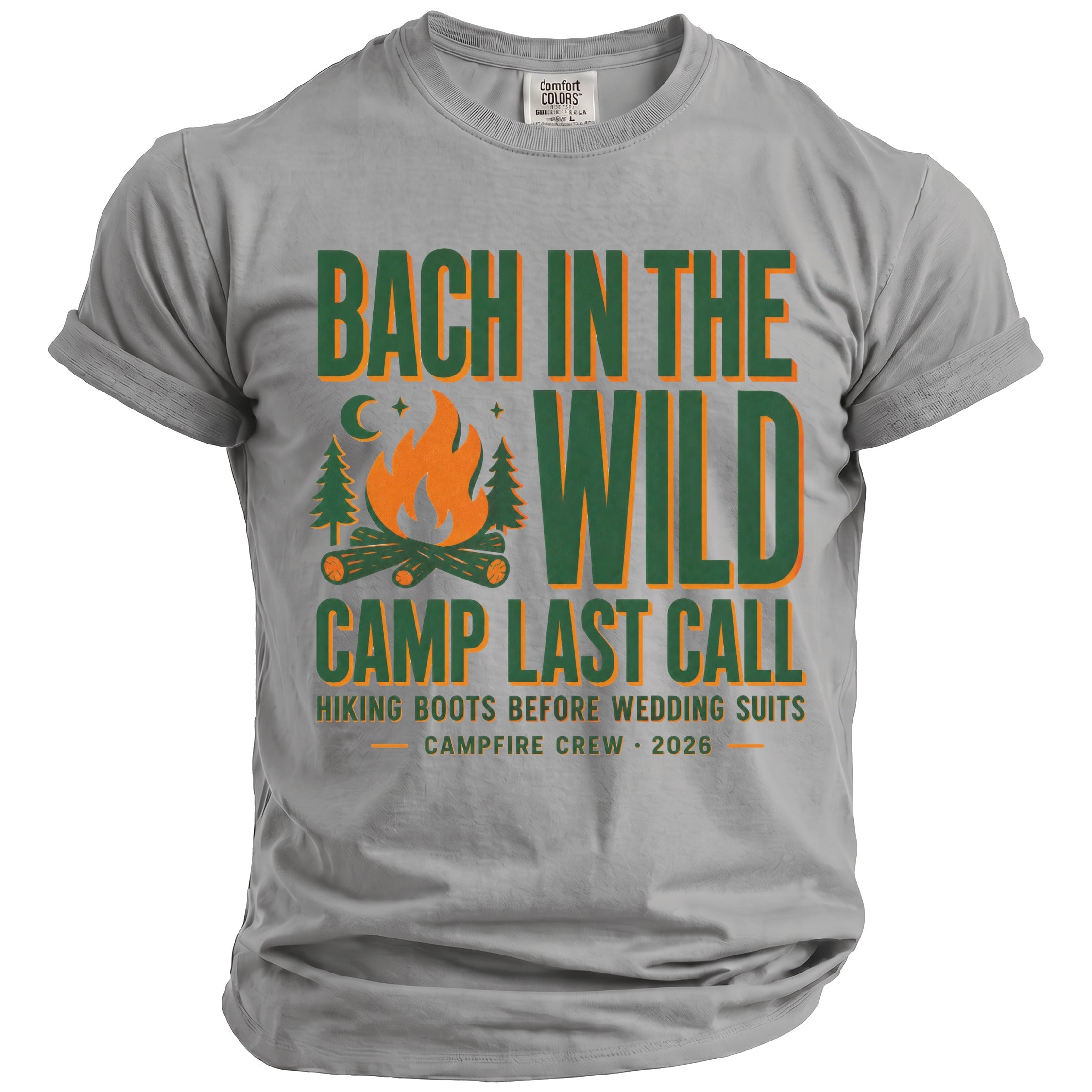 Grey t-shirt with "Bach in the Wild Camp Last Call" text and campfire graphic.