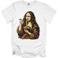 Mona Lisa eating ramen noodles with chopsticks from a bowl on a white t-shirt.