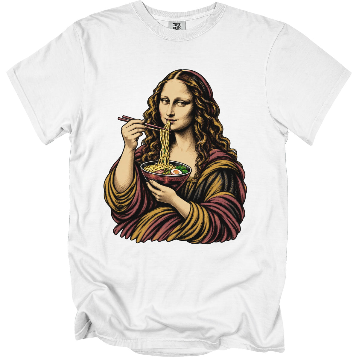 Mona Lisa eating ramen noodles with chopsticks from a bowl on a white t-shirt.