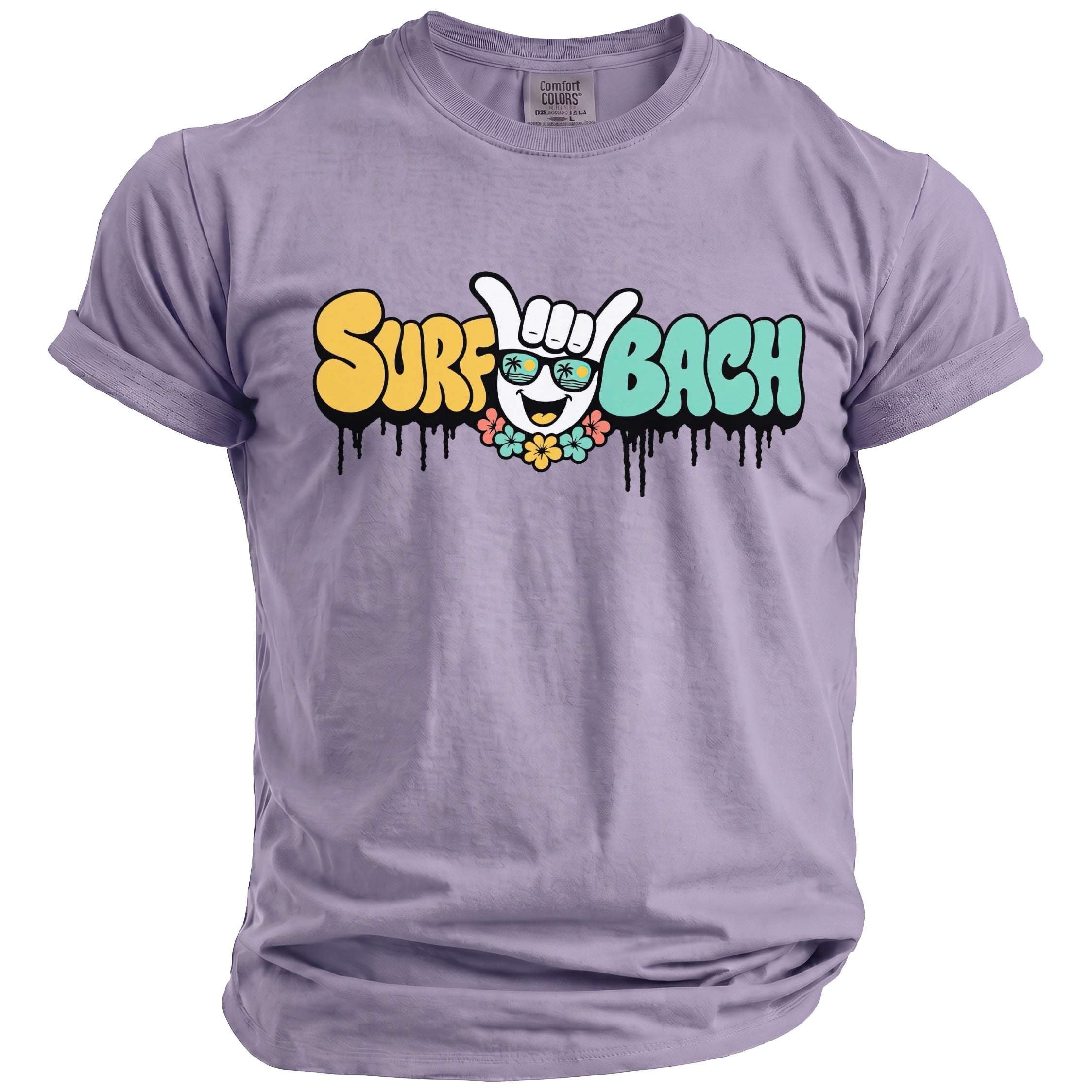 Purple t-shirt with "SURF BACH" text and a smiling sun character.