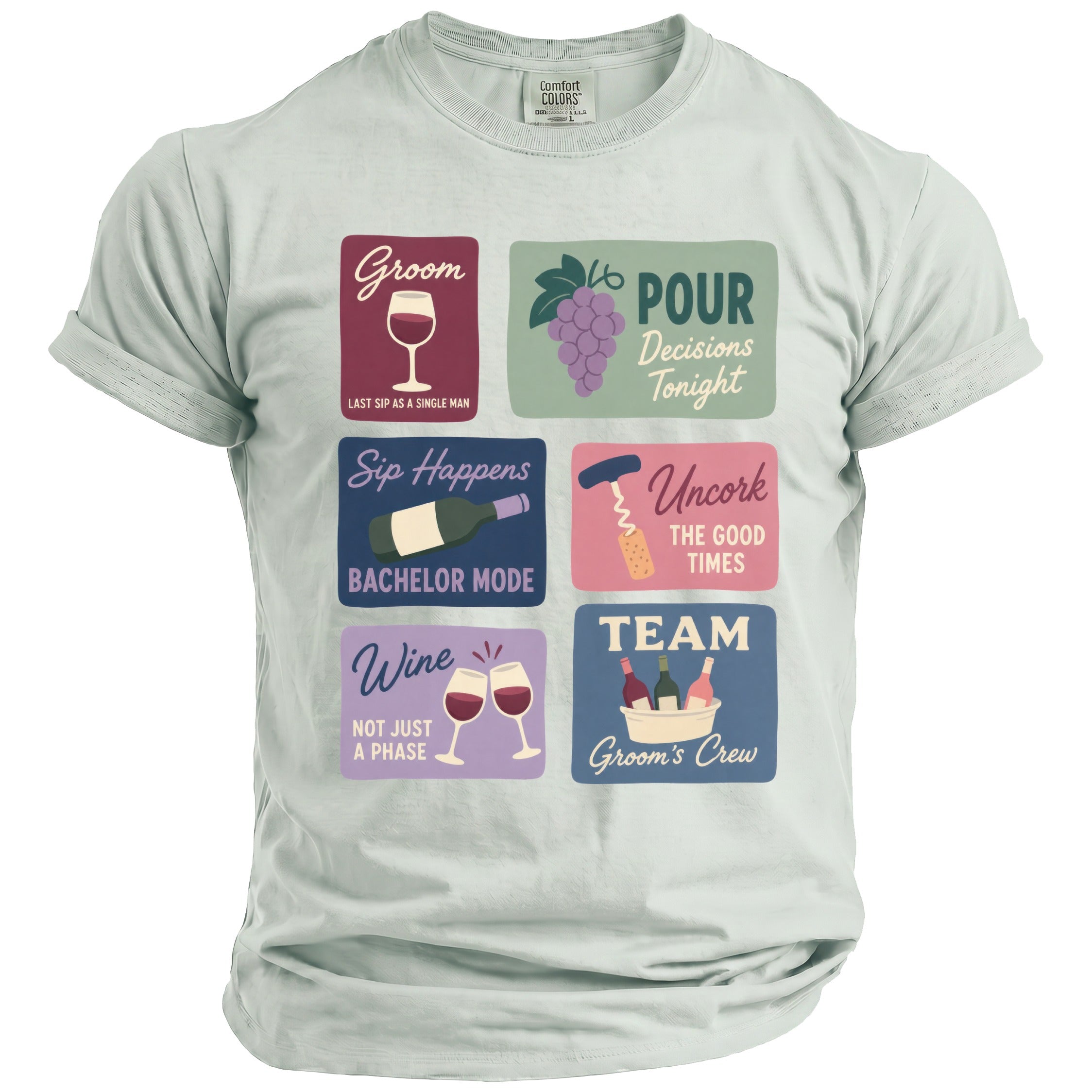 Light gray t-shirt with six wine-themed graphics and text blocks for a bachelor party.