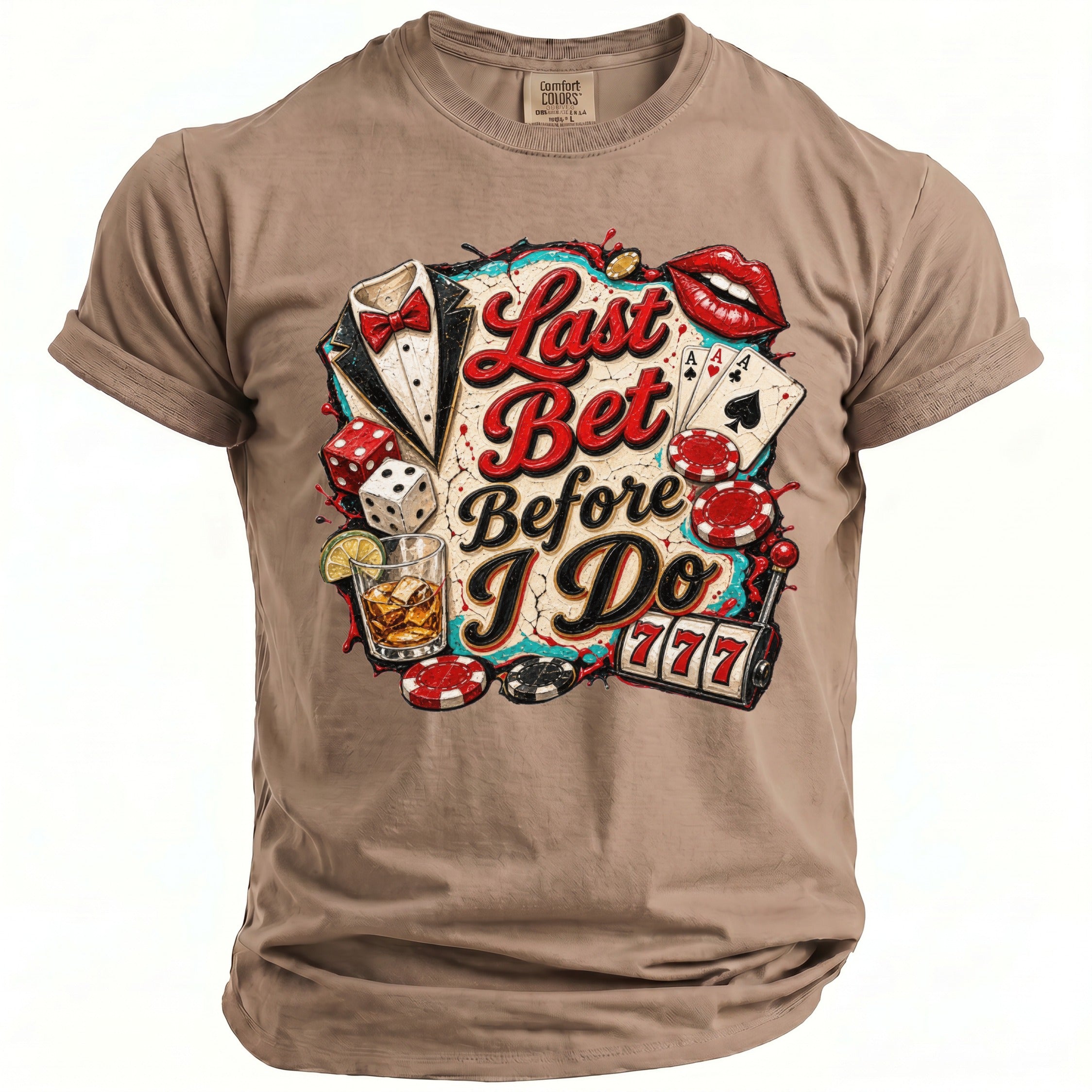 T-shirt with "Last Bet Before I Do" graphic featuring casino elements.