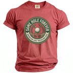 Red Comfort Colors shirt with a circular golf graphic reading "Same Hole Forever Bachelor Golf Weekend 2026".