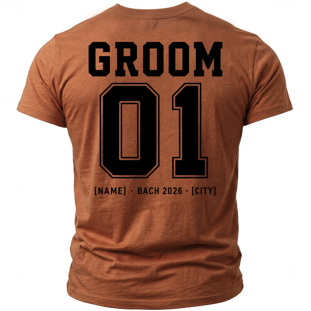 Brown t-shirt with "GROOM 01 [NAME] • BACH 2026 • [CITY]" text on back.