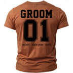 Brown t-shirt with "GROOM 01 [NAME] • BACH 2026 • [CITY]" text on back.