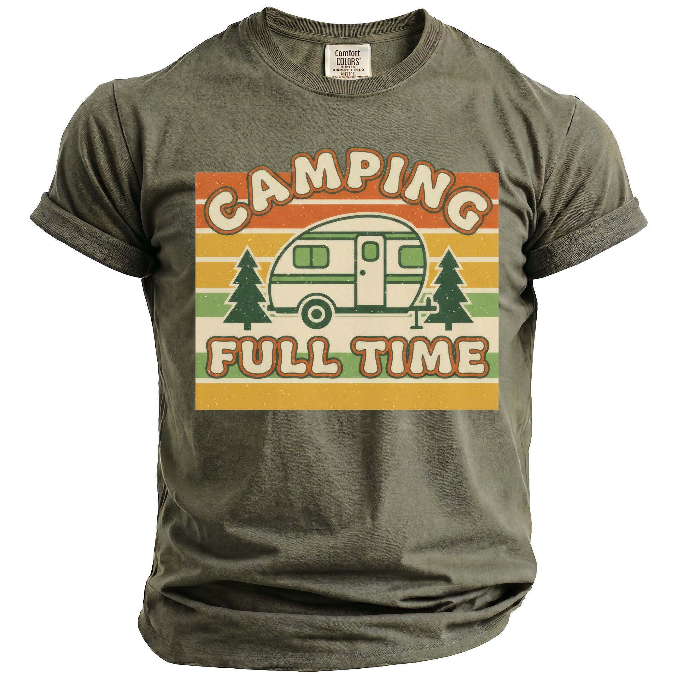 Olive green t-shirt with "Camping Full Time" text and camper graphic.