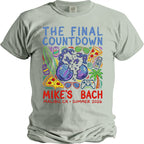 T-shirt with "The Final Countdown Mike's Bach Malibu, CA Summer 2026" text and drawings.