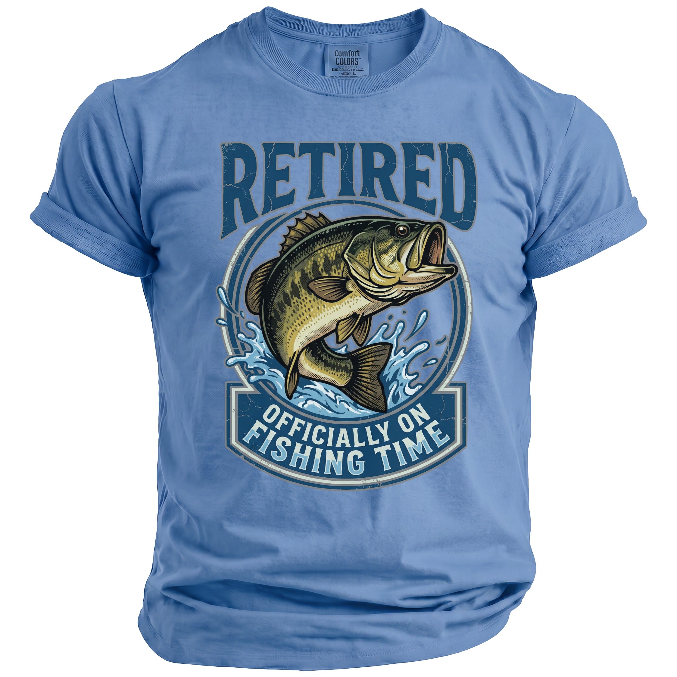 Light blue t-shirt with "Retired Officially On Fishing Time" text and bass jumping from water.