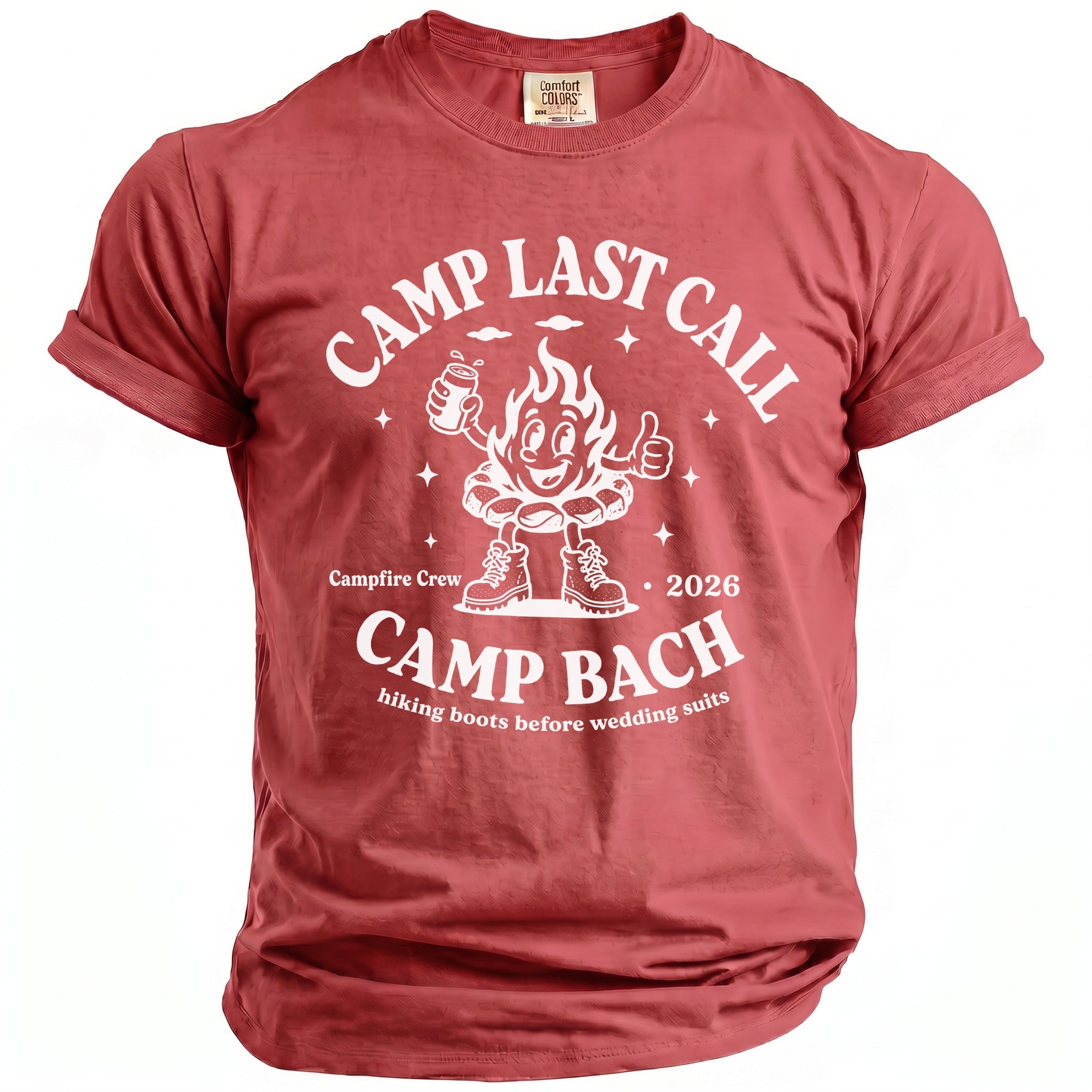Red crewneck t-shirt featuring a white cartoon flame graphic, the text CAMP LAST CALL CAMP BACH, and hiking boots.