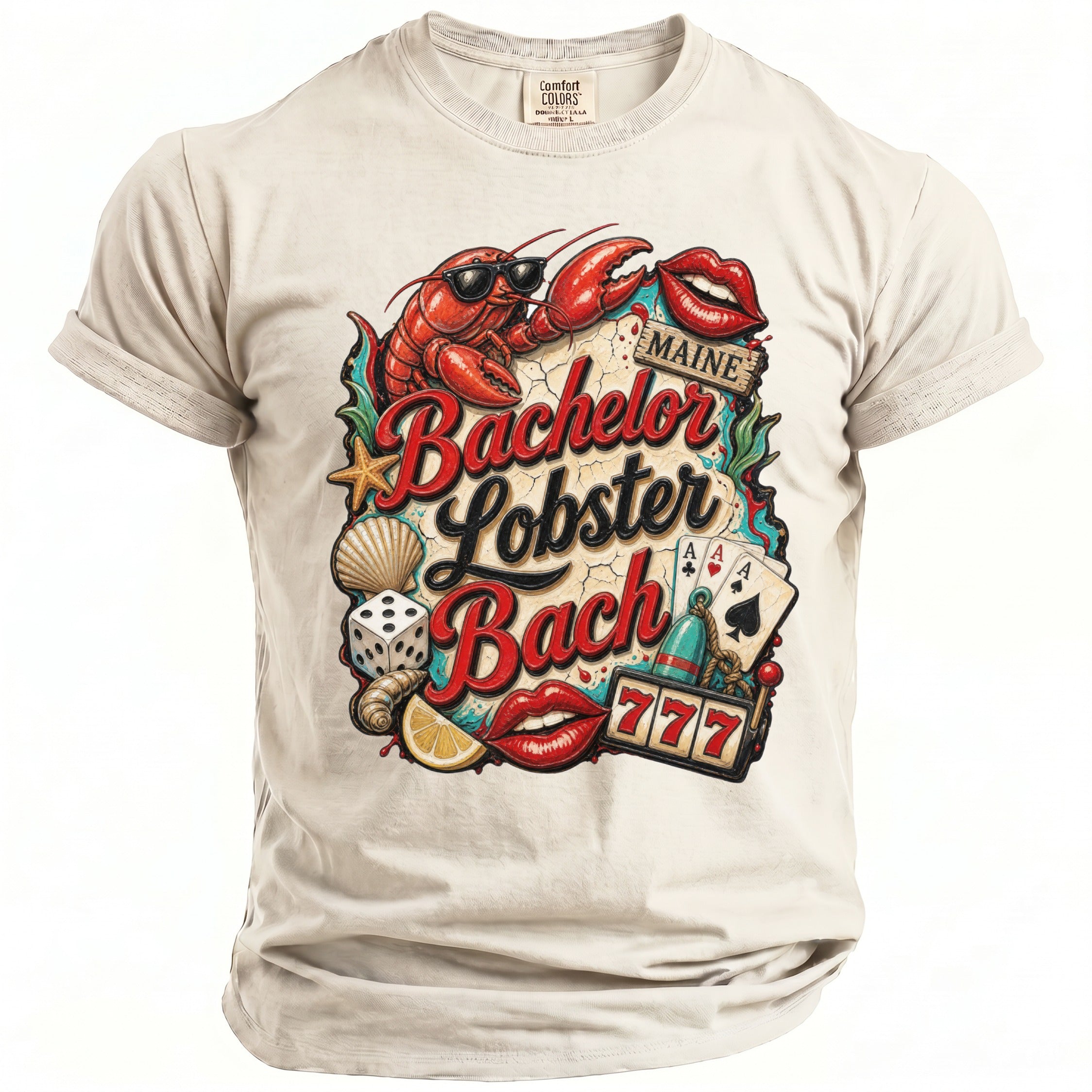 T-shirt with a graphic of a lobster, lips, cards, and dice with text "Bachelor Lobster Bach Maine".