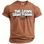 Brown t-shirt with "The Final Count Down" graphic and event details.