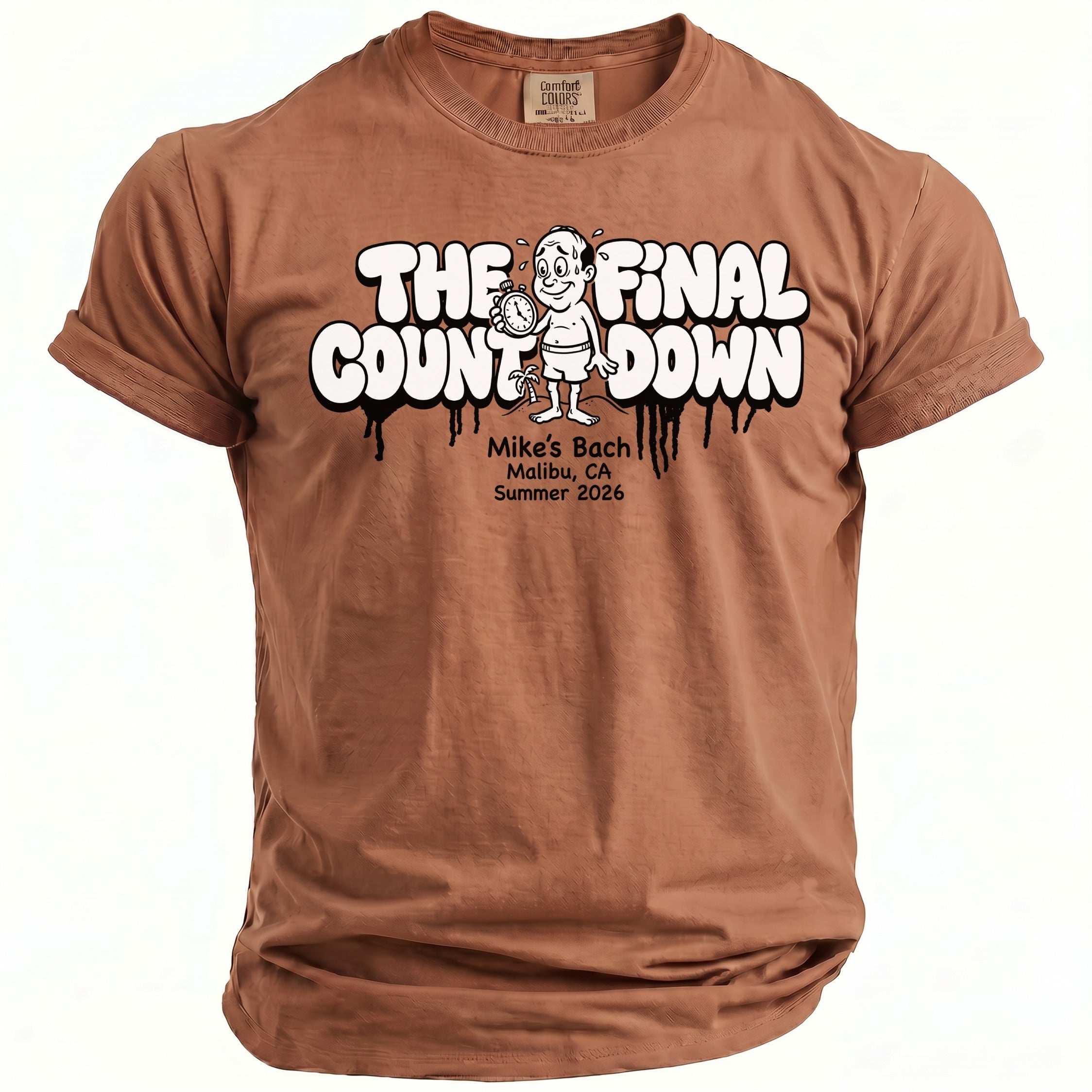Brown t-shirt with "The Final Count Down" graphic and event details.
