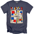 T-shirt with "MODRIAN" text and four Mondrian-style postage stamps.
