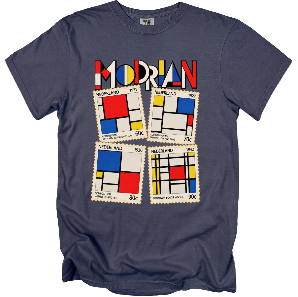 T-shirt with "MODRIAN" text and four Mondrian-style postage stamps.