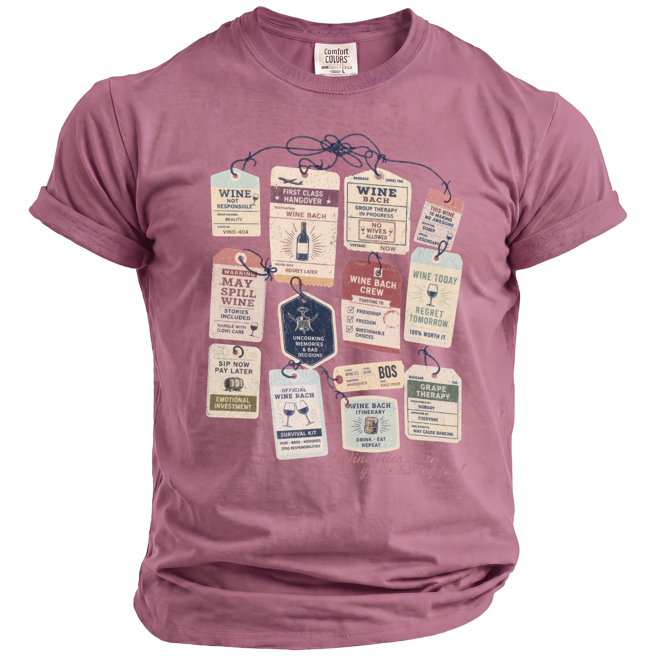 Rose t-shirt with multiple wine-themed tags printed across the chest.