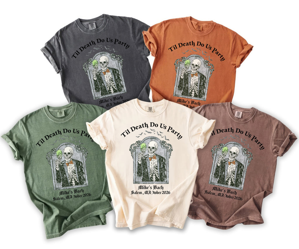 Five t-shirts in different colors featuring a skeleton holding a dripping object, with text.