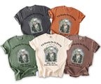 Five t-shirts in different colors featuring a skeleton holding a dripping object, with text.