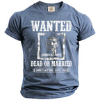 Blue t-shirt with "WANTED DEAD OR MARRIED" and a groom's photo.