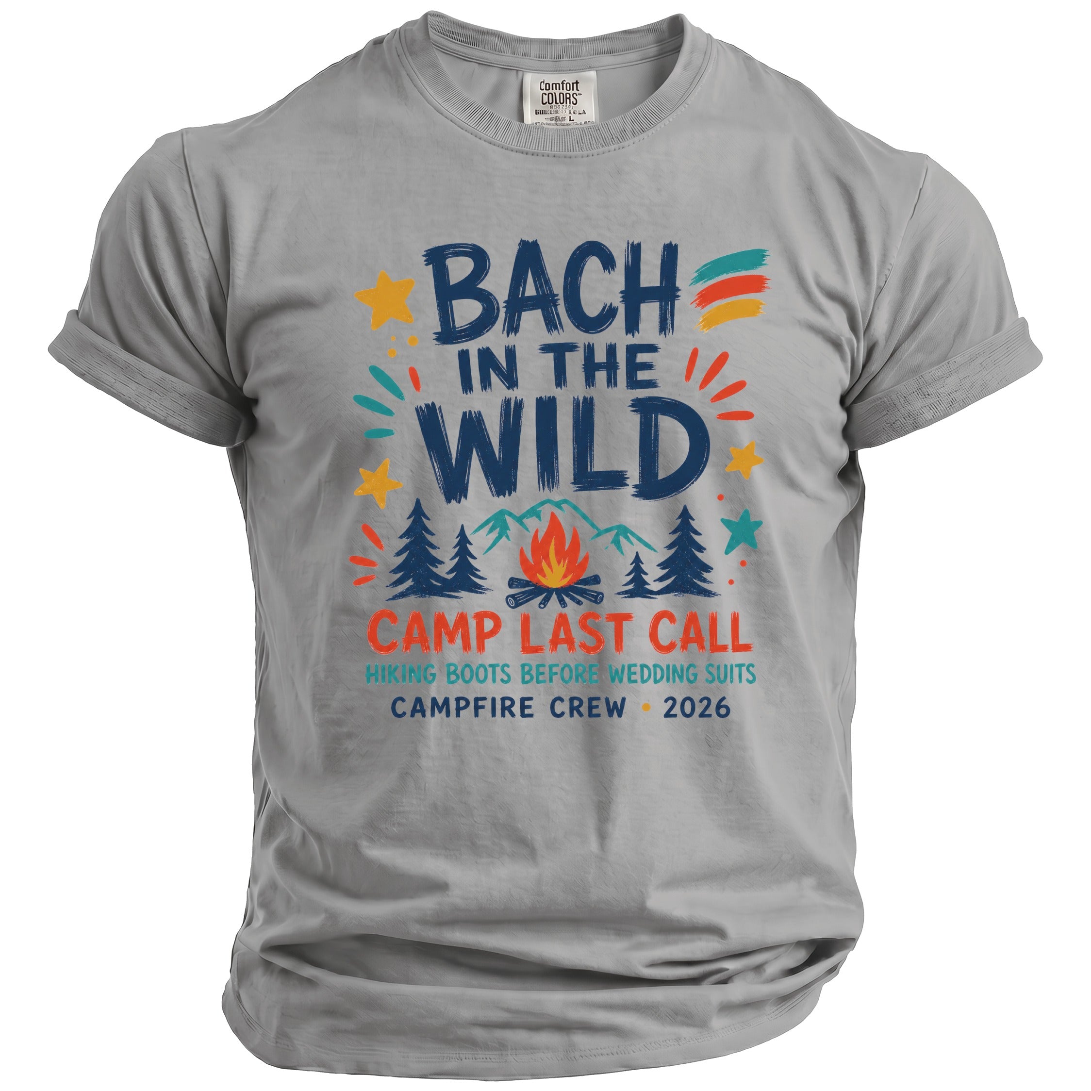 Grey t-shirt with "Bach in the Wild" and camping graphics.