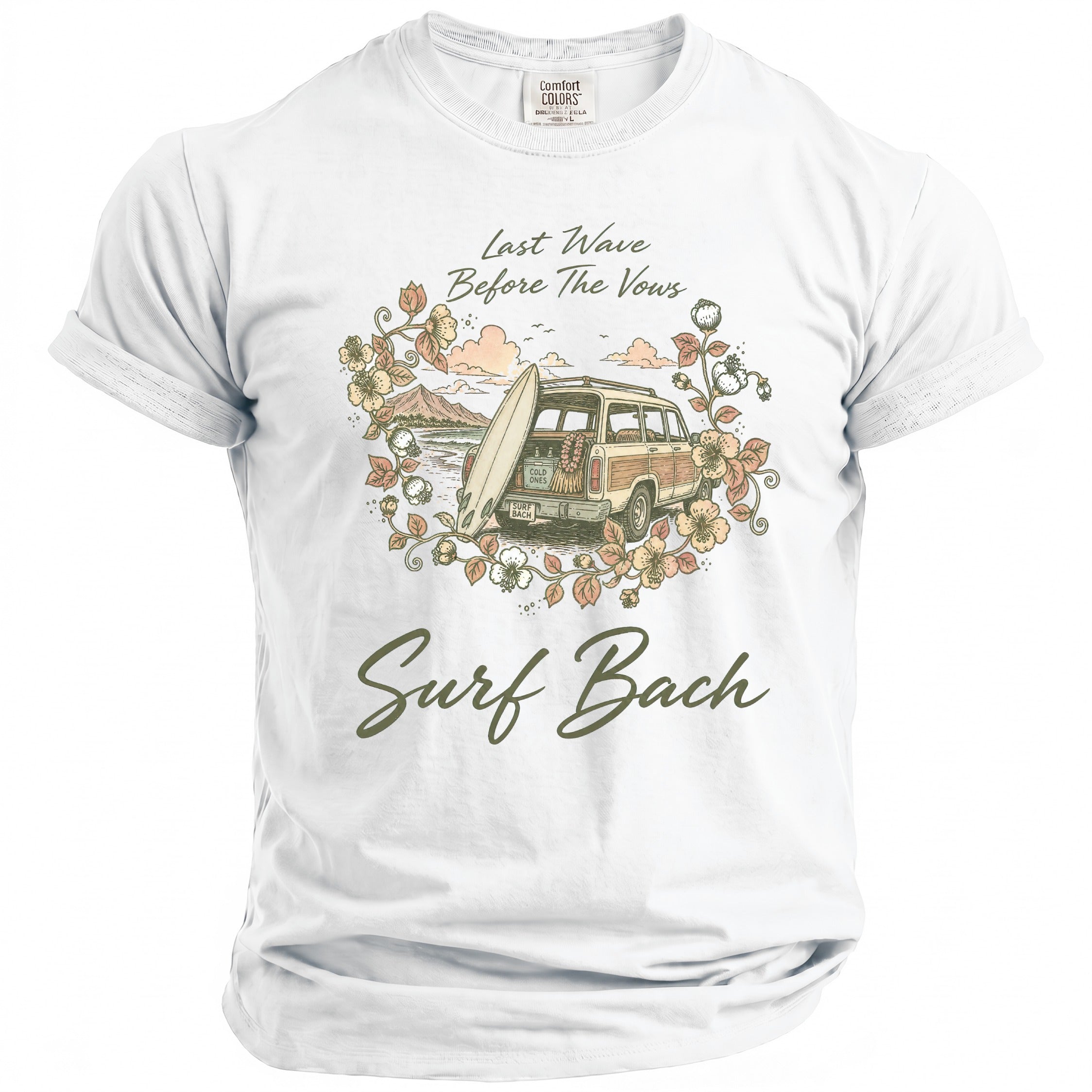 White t-shirt with "Last Wave Before The Vows" and "Surf Bach" text and beach scene graphic.