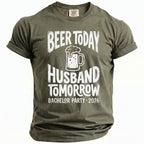 Olive t-shirt with "Beer Today Husband Tomorrow Bachelor Party 2026" text and beer mug graphic.