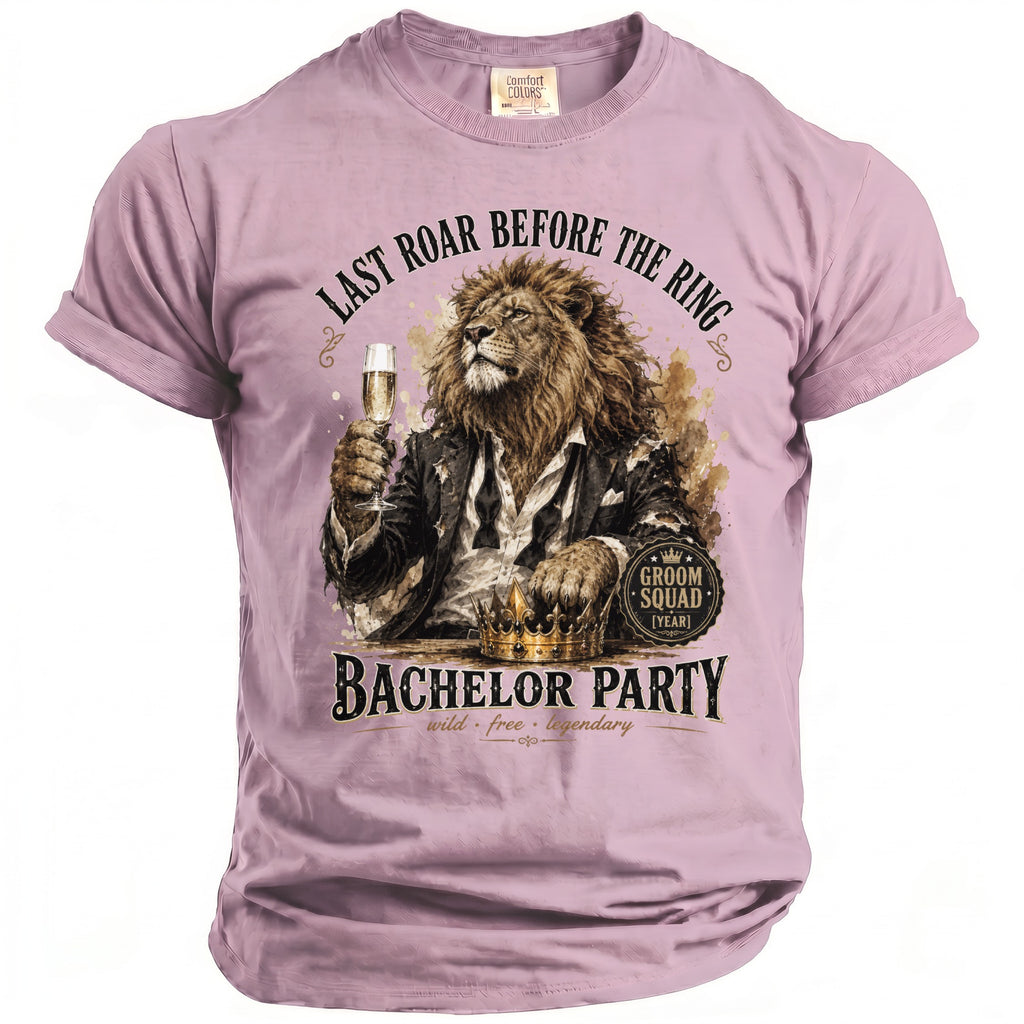Lion in a suit holding champagne, with text "Last Roar Before the Ring Bachelor Party".