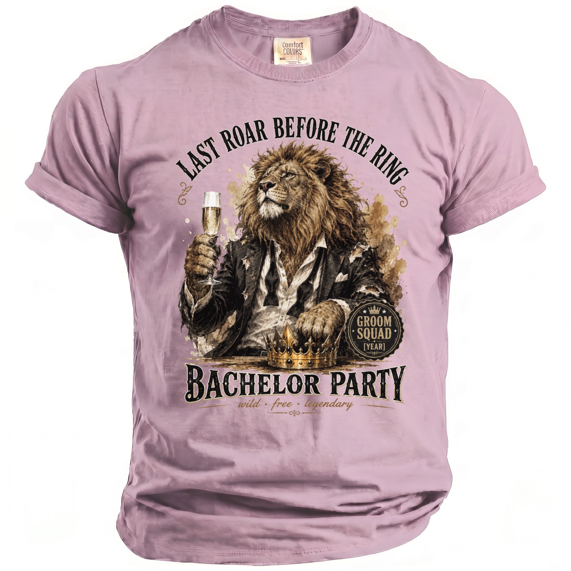 Lion in a suit holding champagne, with text "Last Roar Before the Ring Bachelor Party".
