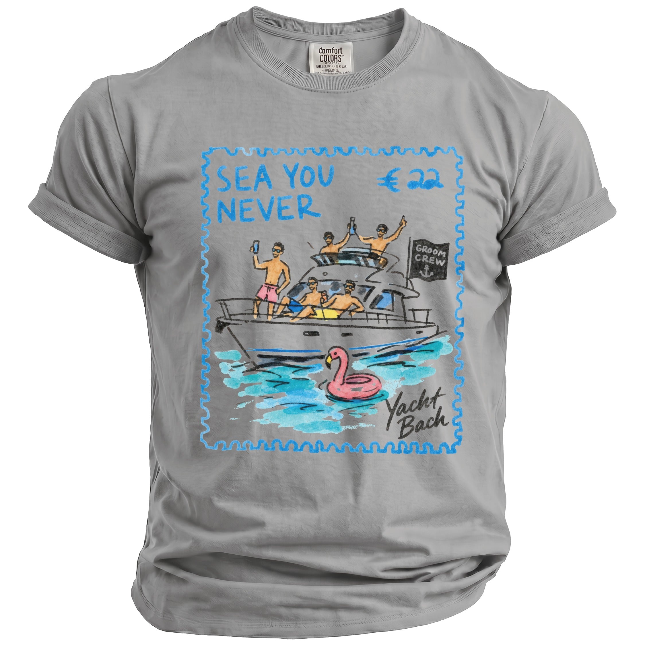 Gray t-shirt with "Sea You Never" text and a boat party illustration.
