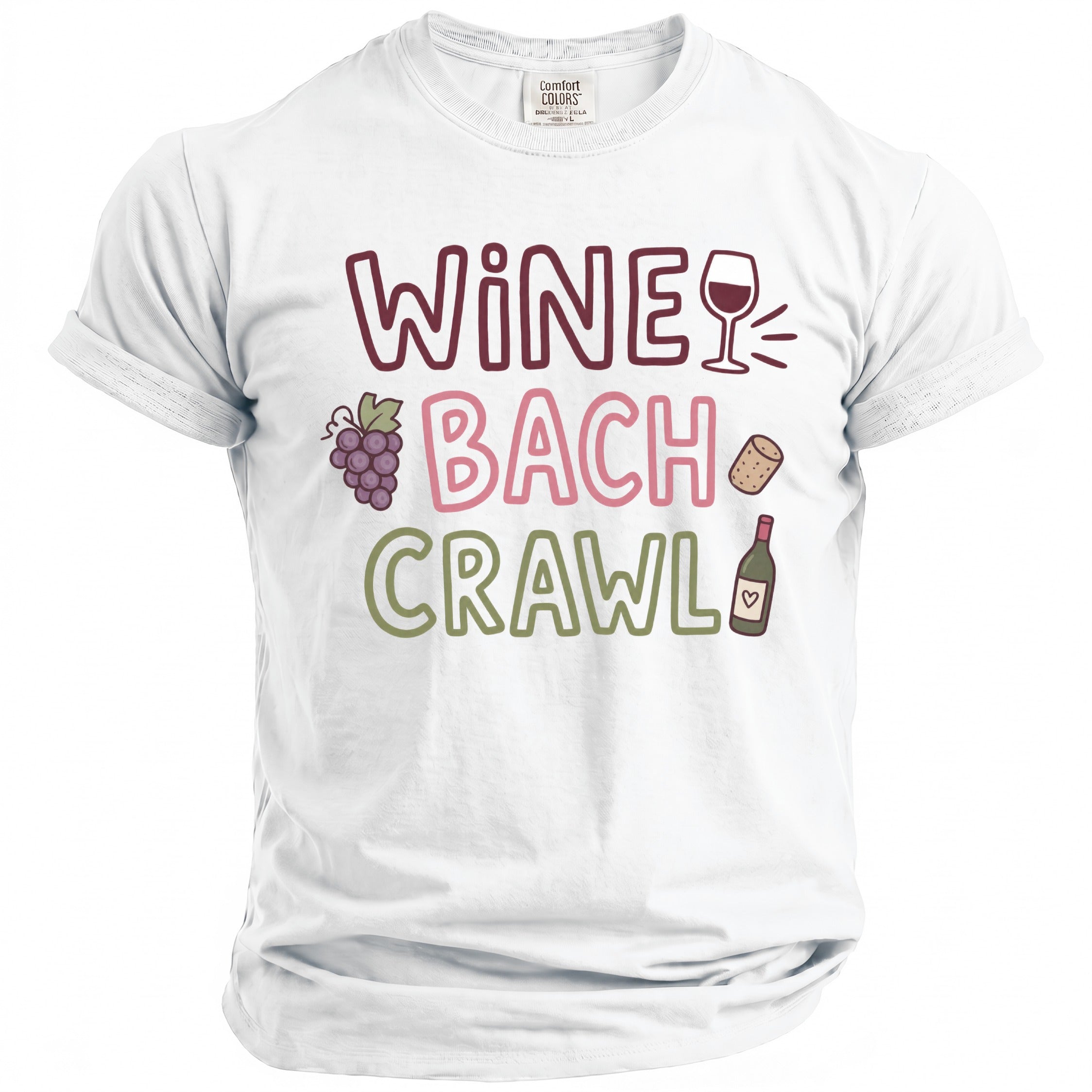 White t-shirt with "WINE BACH CRAWL" text, wine glass, grapes, cork, and bottle graphics.