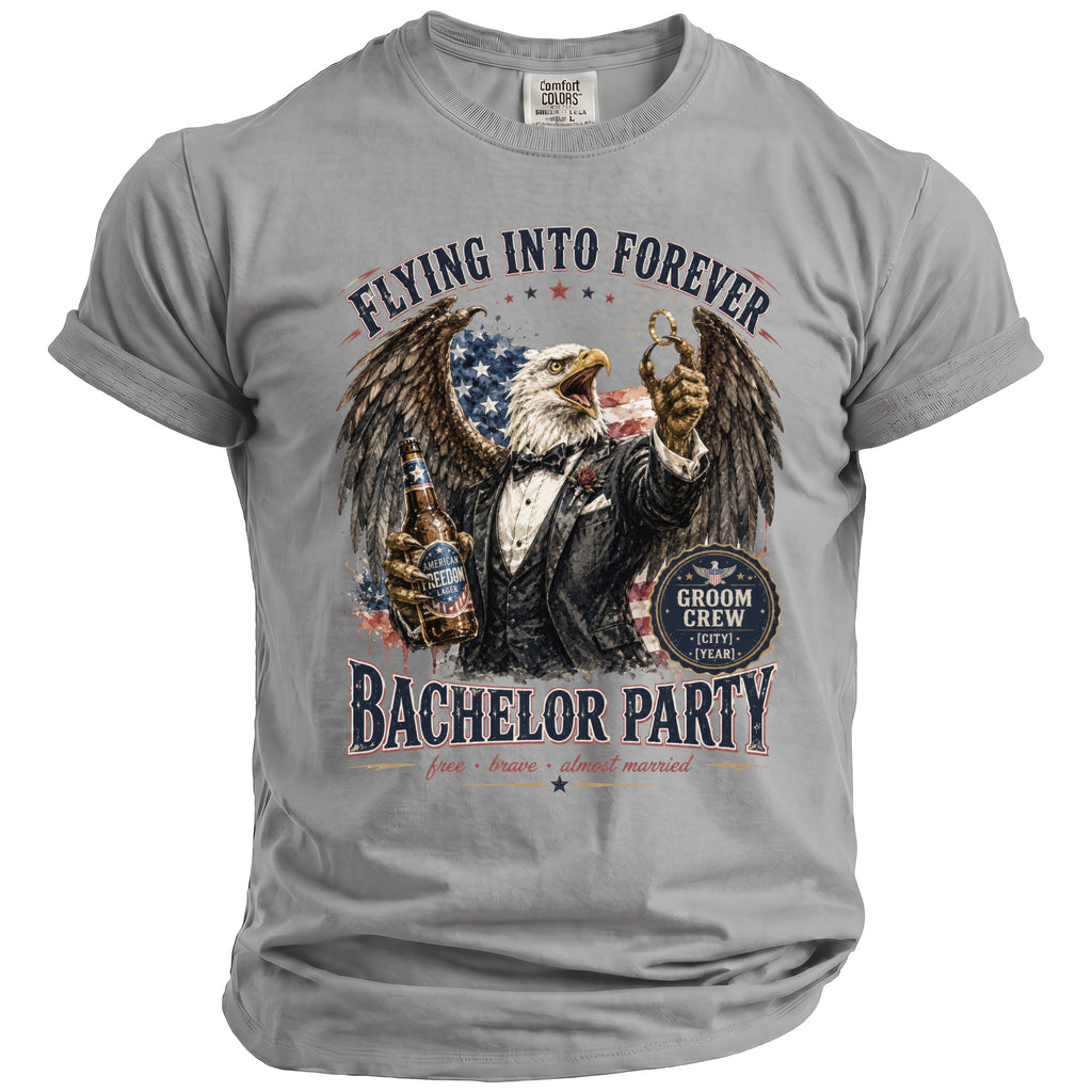 Eagle in tuxedo holding beer, with "Flying Into Forever Bachelor Party" text.