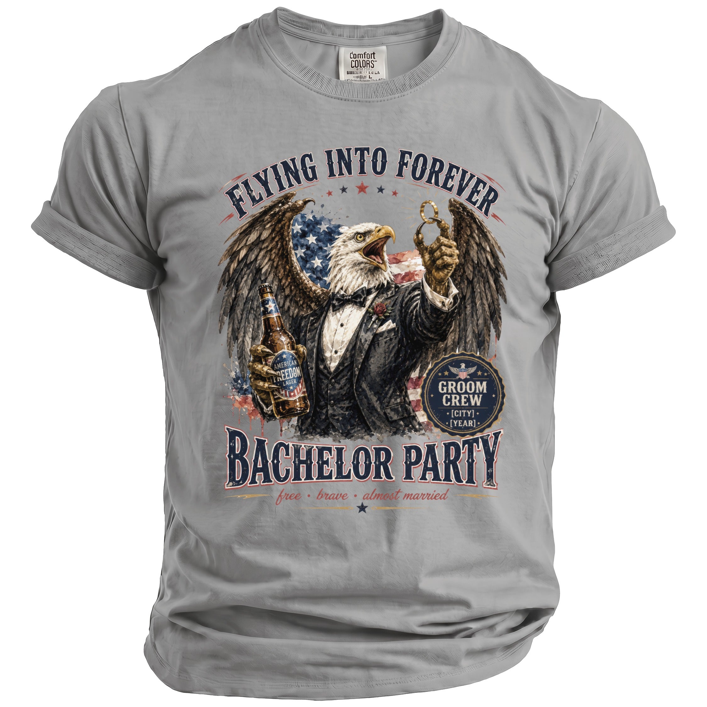Eagle in tuxedo holding beer, with "Flying Into Forever Bachelor Party" text.
