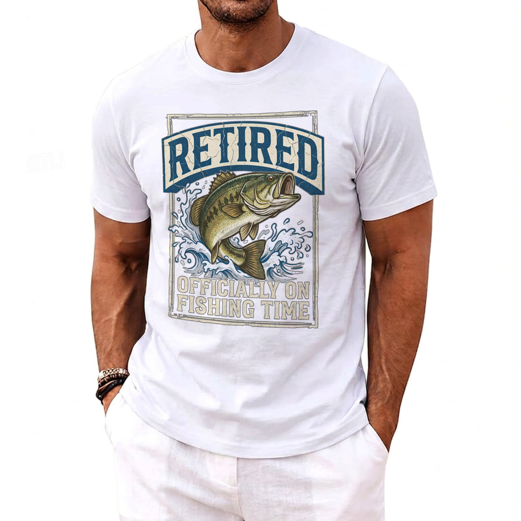 White t-shirt with a graphic of a leaping bass and text "RETIRED OFFICIALLY ON FISHING TIME".