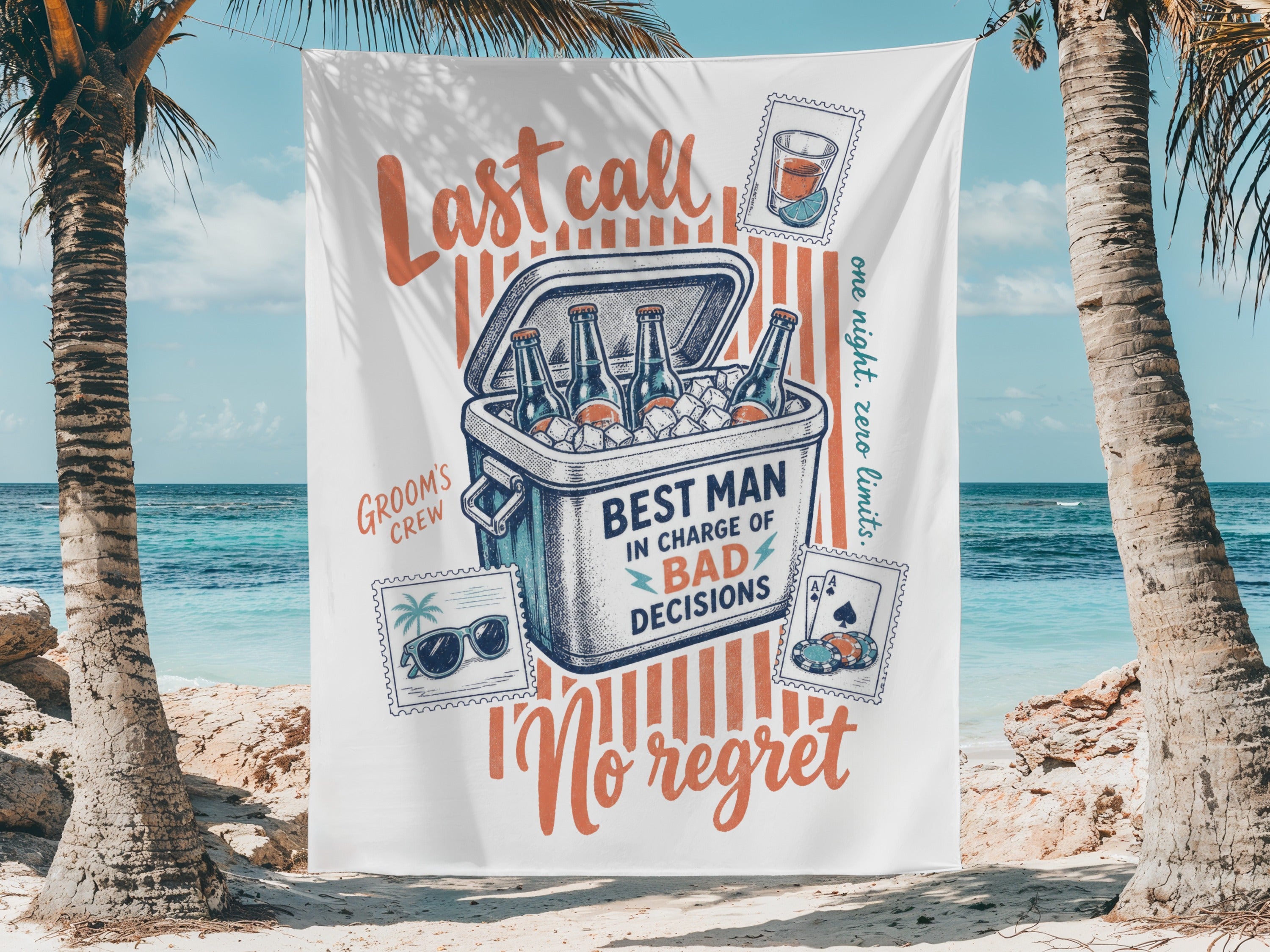 Beach towel with "Last call" and "Best man in charge of bad decisions" text.