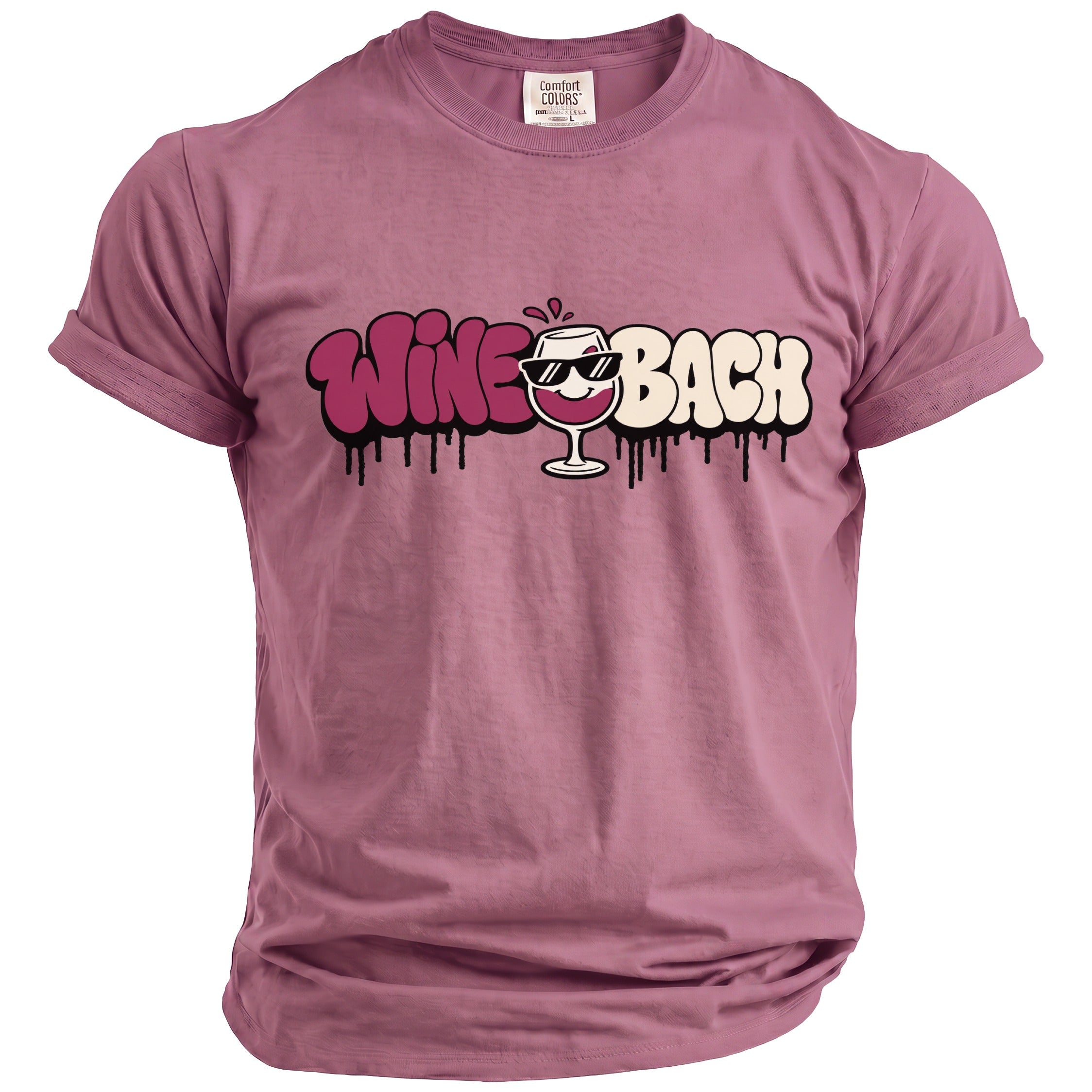 Mauve Comfort Colors t-shirt with "Wine Bach" graphic featuring a wine glass.