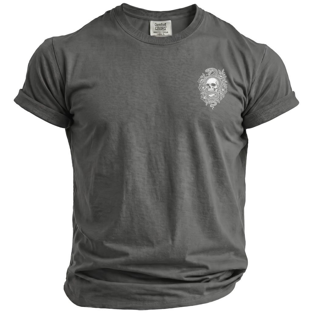 Gray t-shirt with a white skull, snake, and floral graphic on the left chest.