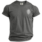 Gray t-shirt with a white skull, snake, and floral graphic on the left chest.