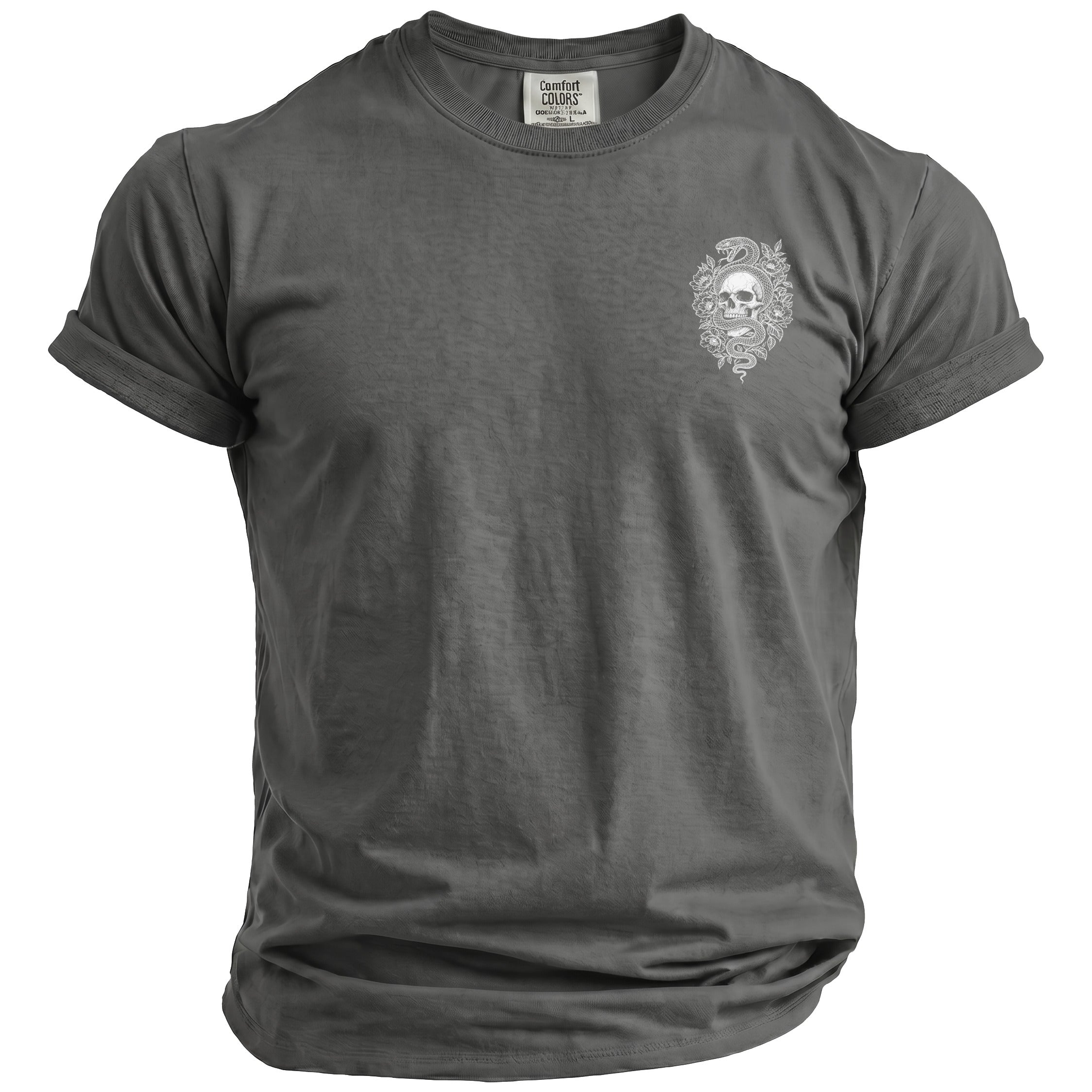 Gray t-shirt with a white skull, snake, and floral graphic on the left chest.