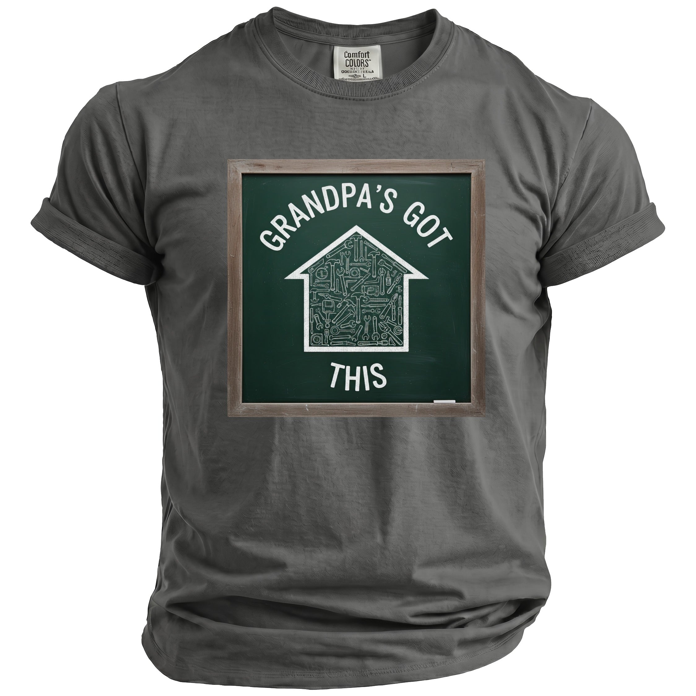 Grey t-shirt with a graphic of a house outline filled with tools and text: Grandpa's Got This.