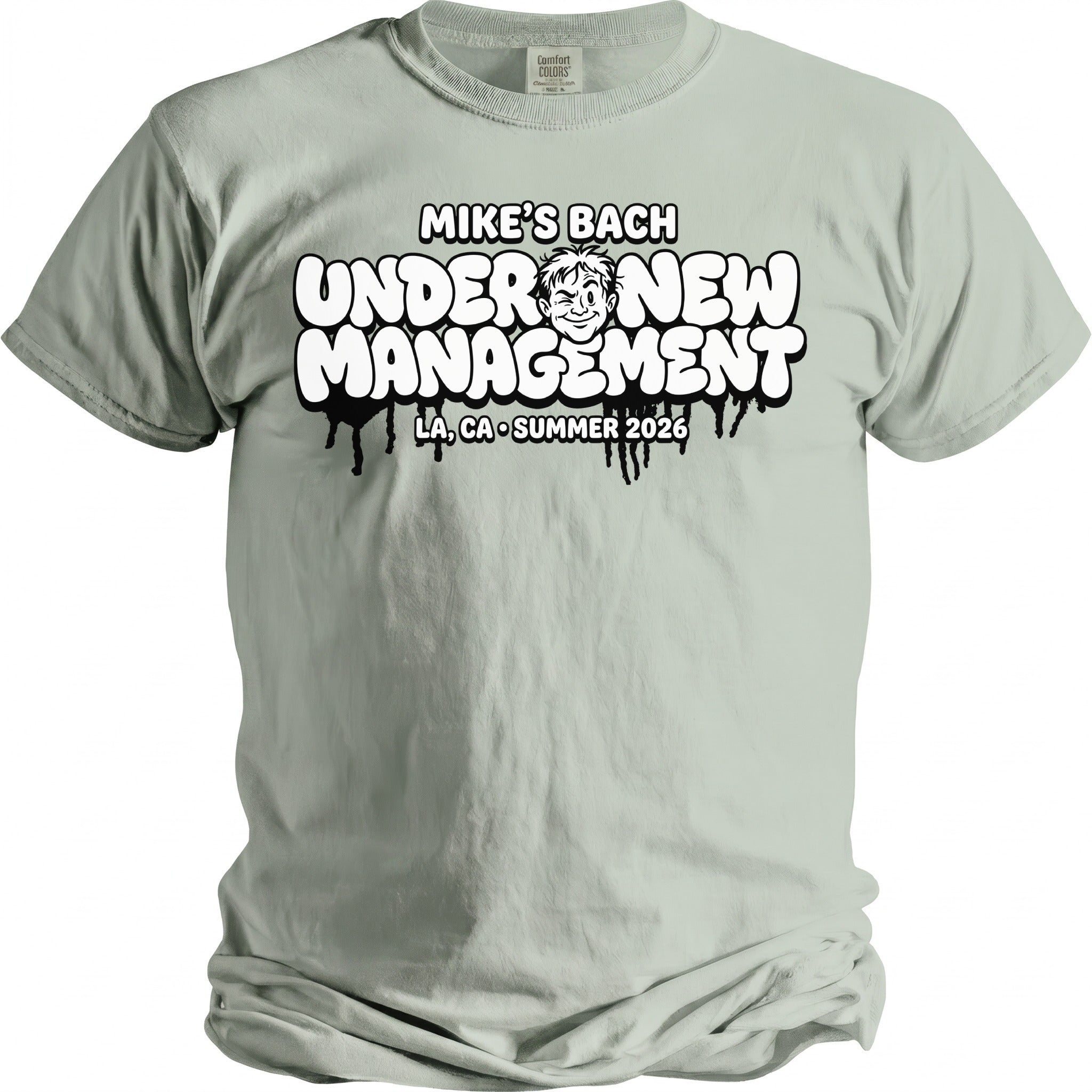 Light green t-shirt with "Mike's Bach Under New Management LA, CA Summer 2026" text.
