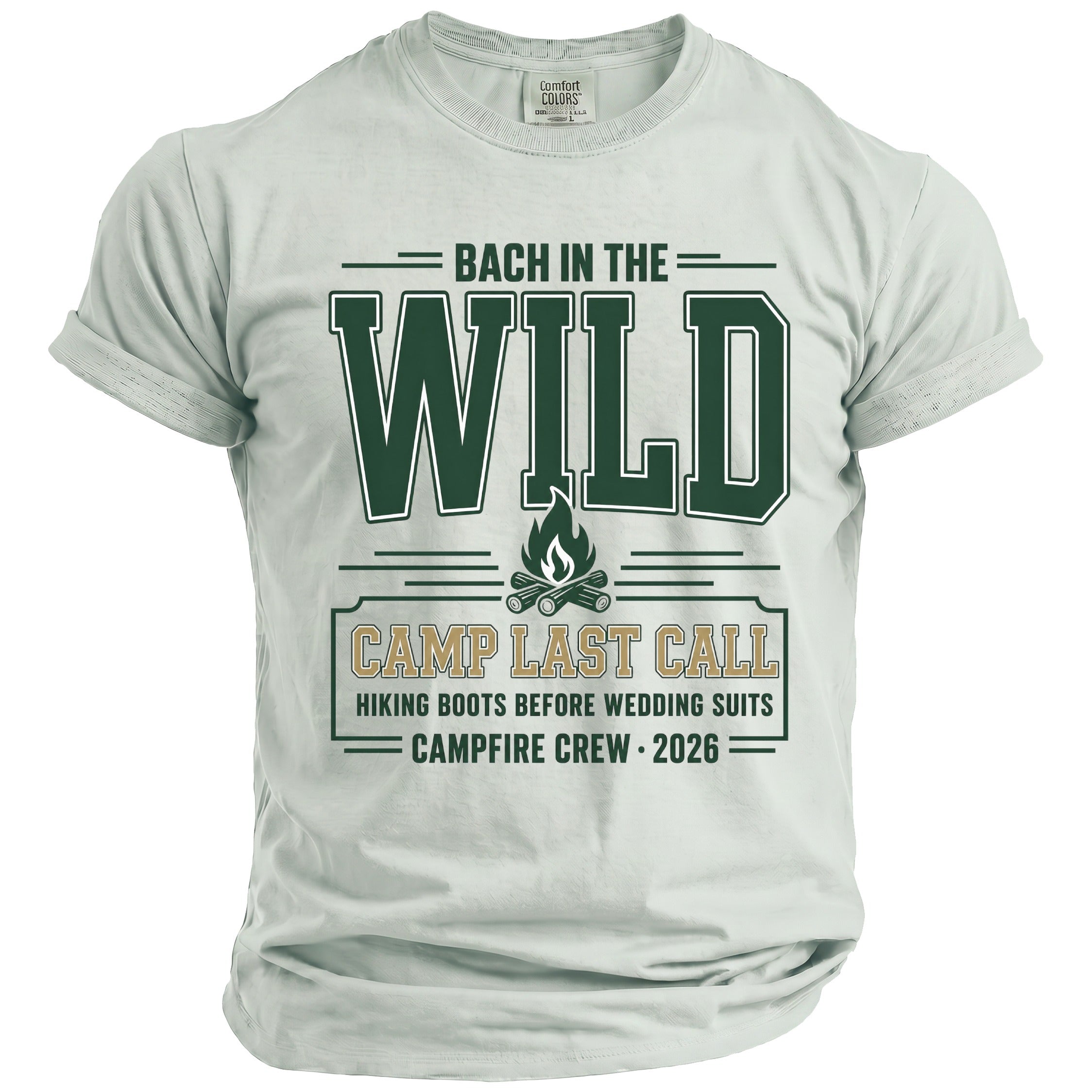 Light green t-shirt with "Bach in the Wild" and "Camp Last Call" text.