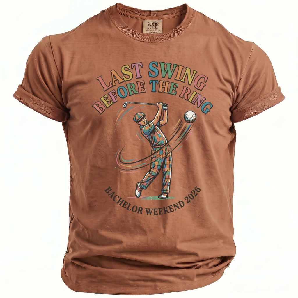 Brown t-shirt with text "Last Swing Before The Ring" and golfer graphic.