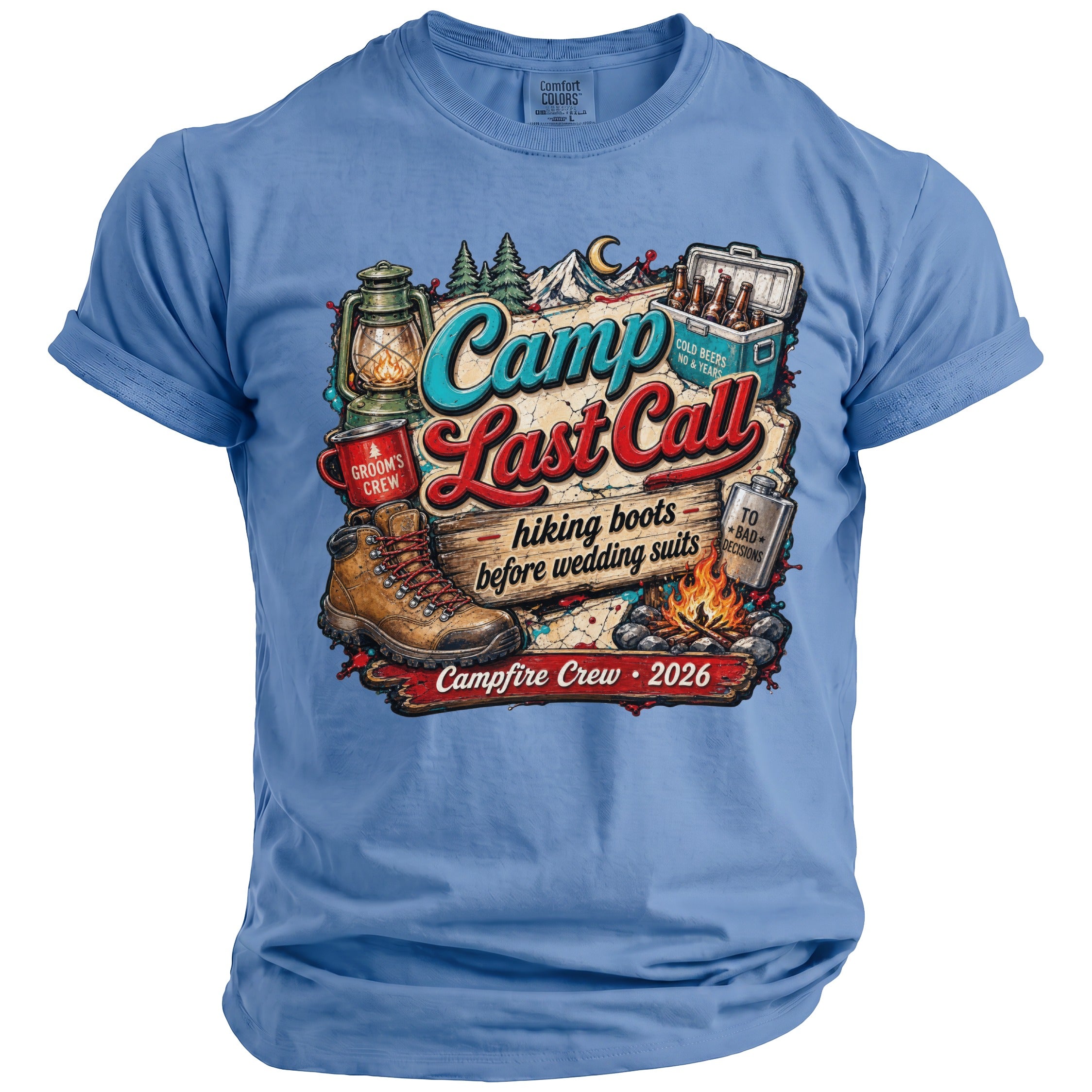 Light blue t-shirt featuring a camping-themed graphic with the text Camp Last Call.