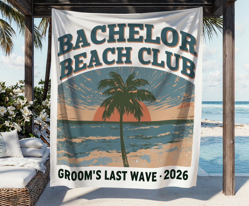 Bachelor Beach Club Groom's Last Wave 2026 banner with palm tree and sunset.
