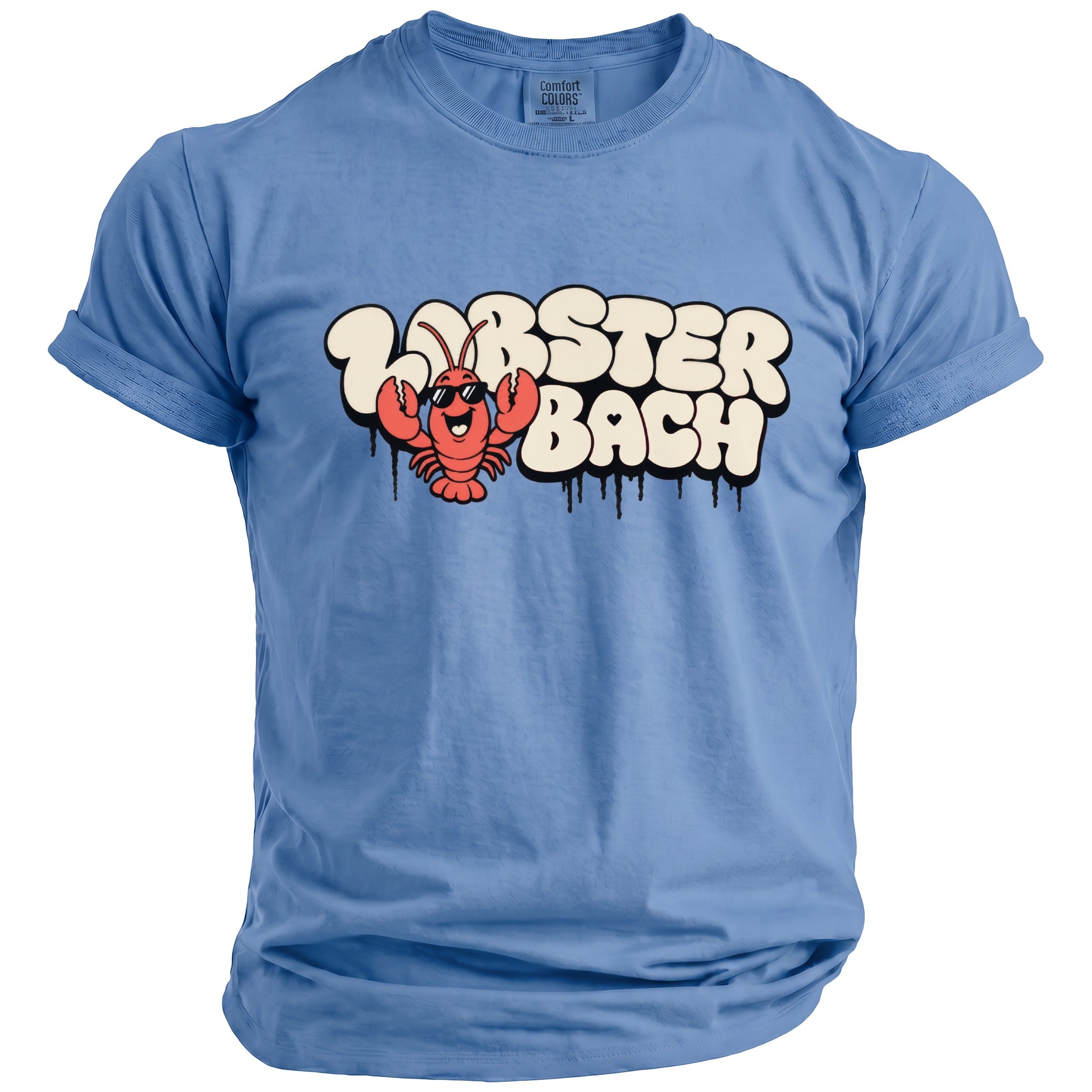 Blue t-shirt with cartoon lobster and "Lobster Bach" text.